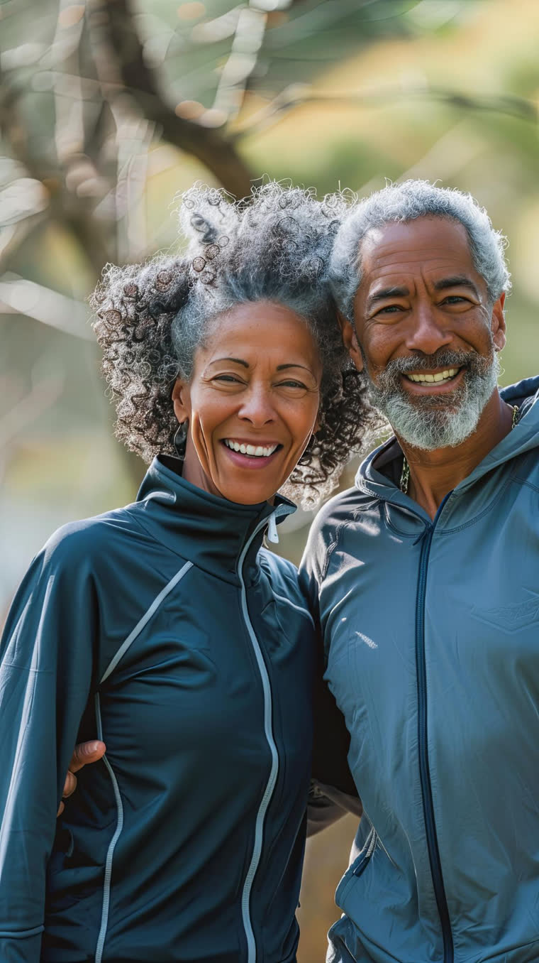 Older couple smiling, in sportswear
